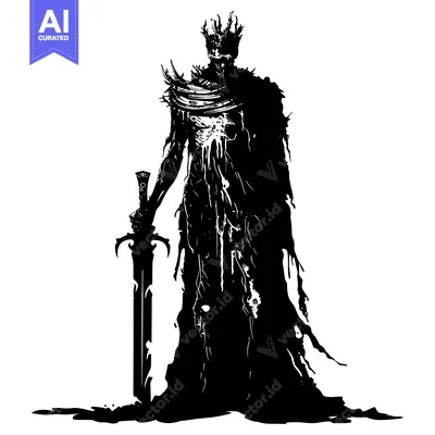 Aset desain premium: A decaying, crowned figure with a sword, standing in a puddle of liqui