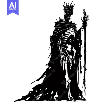 Aset desain premium: A Skeleton King Holding a Sword in a Ripped Robe