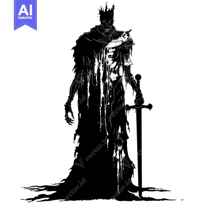 Aset desain premium: A Black and White Illustration of a Decaying King Holding a Sword