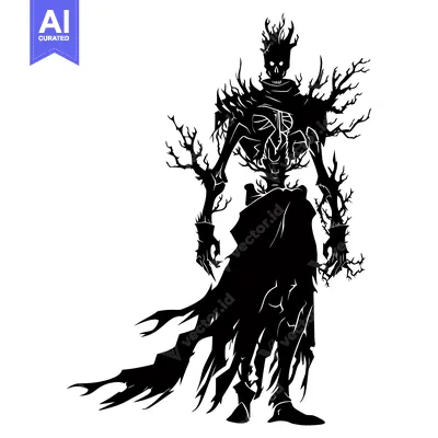 Aset desain premium: Black and White Silhouette of a Gnarled, Branch-Like Figure With a Sku