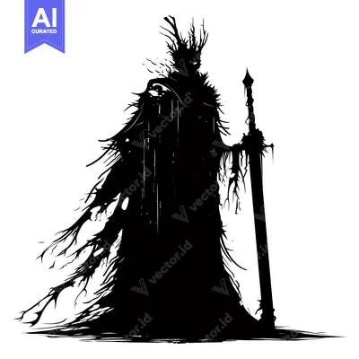 Aset desain premium: A Silhouette of a Dark Figure Holding a Sword