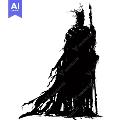 Aset premium populer: Silhouette of a Dark Figure in a Long Cloak Holding a Spear
