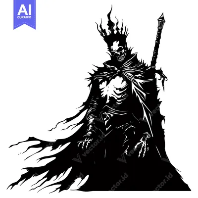Aset premium populer: Silhouette of a Skeletal Figure in a Crown and Cape Holding a Weapon
