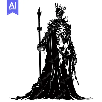 Skeleton King with Crown and Staff Silhouette