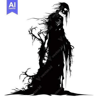 Silhouette of a Skeletal Figure with Long, Flowing Hair and Branches