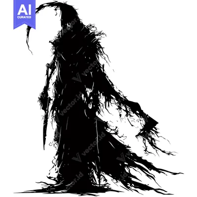 Aset premium populer: Silhouette of a Ghastly Figure with a Curved Limb and a Flowing Robe