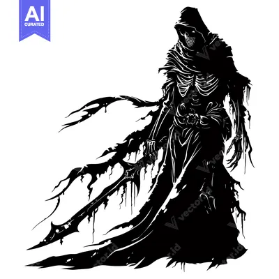 Aset desain premium: Silhouette of a Skeletal Figure in a Hooded Robe Holding a Sword