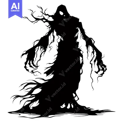 Silhouette of a Tall, Twisted, Hooded Figure with Branch-Like Arms