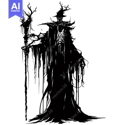 Aset desain premium: Silhouette of a Tall, Gnarled Figure with a Staff