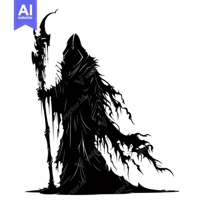 Aset desain premium: Silhouette of a hooded figure with a staff, standing in a dramatic pos