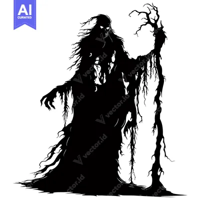 A Silhouette of a Ghastly Figure Holding a Twisted Branch
