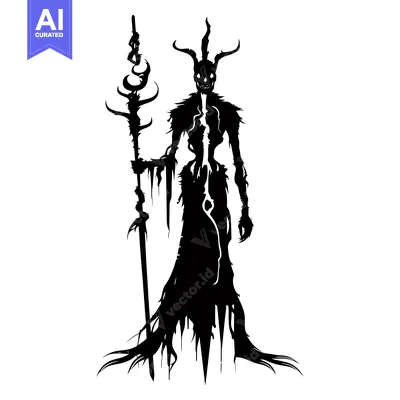 Aset desain premium: Silhouette of a Demonic Figure Holding a Staff