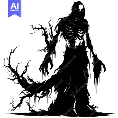 Aset desain premium: Silhouette of a Hooded Figure Emerging from a Twisted Tree