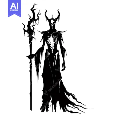 Silhouette of a skeletal demon with horns and a staff