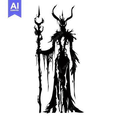 Premium design asset: Black and White Silhouette of a Demon Woman with Horns Holding a Staff