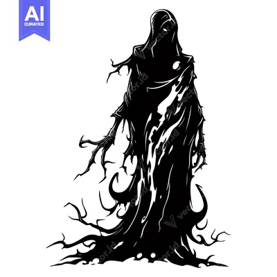 Aset desain premium: A hooded figure with a flowing, spiky silhouette