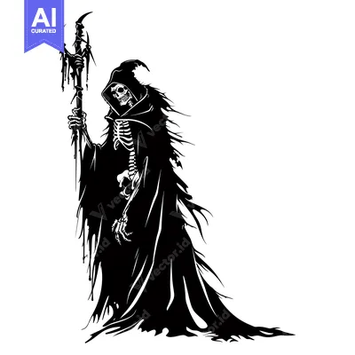 Aset desain premium: Grim Reaper Skeleton in Black Robe Holding a Staff