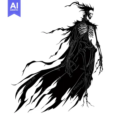 Aset desain premium: Black and White Silhouette of a Skeletal Figure with a Flowing Cloak