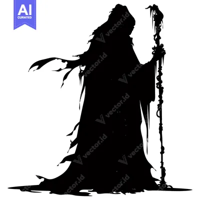 Premium design asset: Silhouette of a cloaked figure holding a staff with a snake wrapped ar