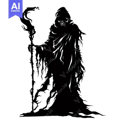 Aset premium populer: Silhouette of a hooded figure holding a staff with a skull-like face