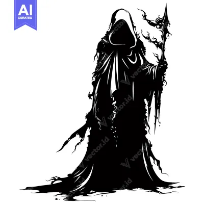 Aset desain premium: Silhouette of a Hooded Figure Holding a Staff with Ornamental Design