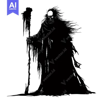 Aset desain premium: Silhouette of a spectral figure holding a staff