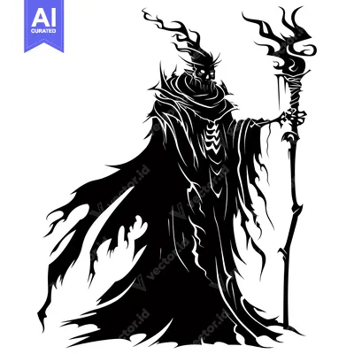 Premium design asset: Black and white silhouette of a skeletal, hooded figure holding a staf