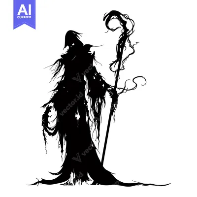 Premium design asset: Silhouette of a cloaked figure holding a staff with ornate swirls