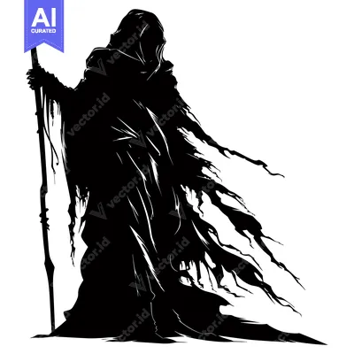 Aset desain premium: Silhouette of a hooded figure holding a staff