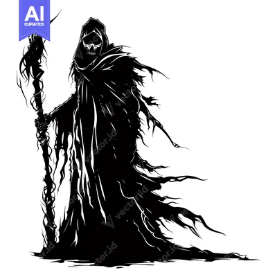 Aset premium populer: Silhouetted Figure in a Flowing Robe Holding a Twisted Staff