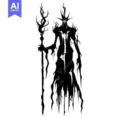 Aset premium populer: Silhouette of a Dark Figure Holding a Twisted Staff