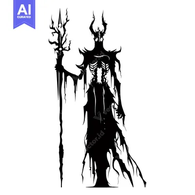 Aset premium populer: Silhouette of a Tall, Slender, Skeletal Figure Holding a Staff with a