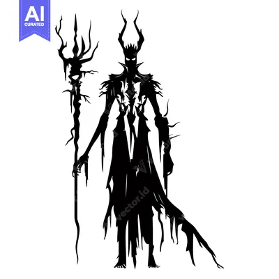 Premium design asset: Silhouette of a Tall, Dark Figure with Horns and a Staff