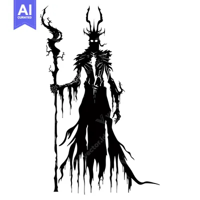 Aset desain premium: Silhouette of a Dark Figure with Antlers and Staff