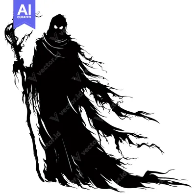 Silhouette of a hooded figure with a staff, resembling a dark spirit o