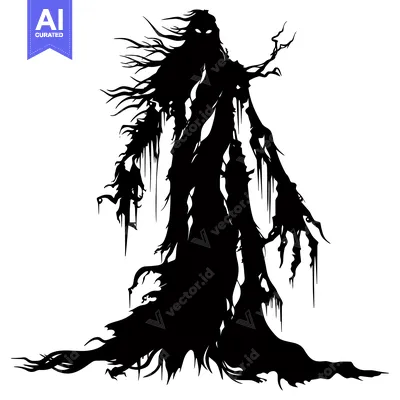 Silhouette of a Ghoulish Figure with Long Hair and Sharp Edges
