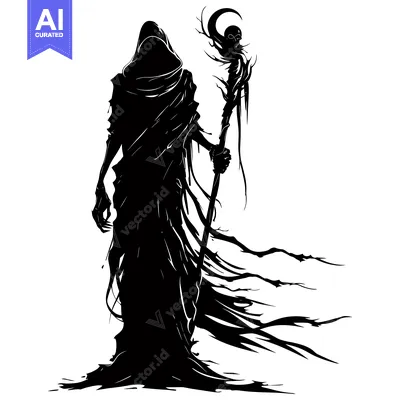 Aset premium populer: Silhouette of a Hooded Figure Holding a Staff with a Skull