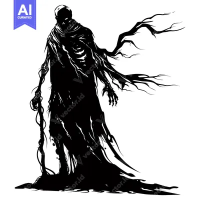 Aset desain premium: Silhouette of a Ghastly Figure with Twisted Branches