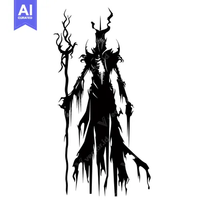 Aset desain premium: Silhouette of a Ghoulish Figure Holding a Staff