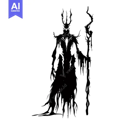 Aset desain premium: Silhouette of a Dark, Antlered Figure with a Twisted Staff