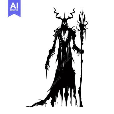 Silhouette of a horned, cloaked figure holding a staff