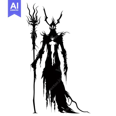 Aset desain premium: Silhouette of a dark figure with a staff and horns