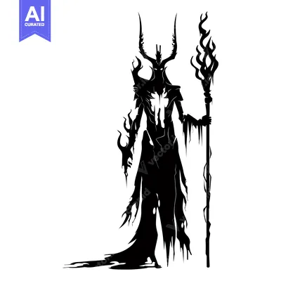 Aset premium populer: Silhouette of a Dark Figure Holding a Flamed Staff