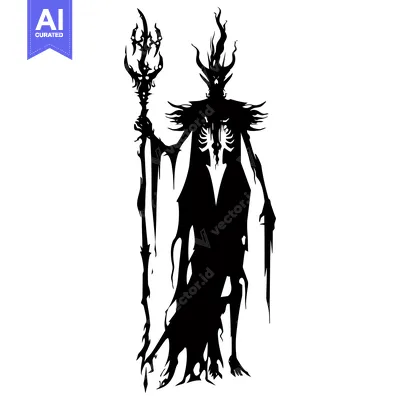 Aset desain premium: Silhouette of a skeletal, horned, demonic figure holding a staff