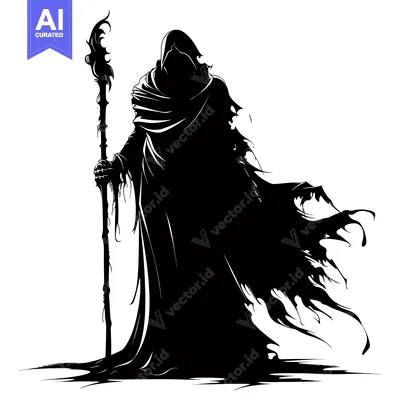 Aset premium populer: Silhouette of a hooded figure holding a staff with a flame-like design