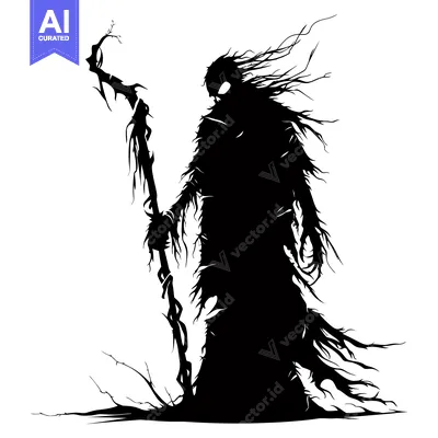 Aset premium populer: A Silhouette of a Dark, Branch-Like Figure Holding a Twisted Staff