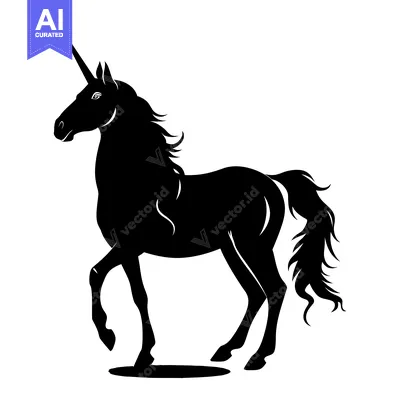 Aset premium populer: Black and White Silhouette of a Unicorn Standing with its Horn Pointin