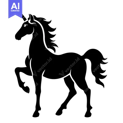 A Black Silhouette of a Unicorn with a Curved Horn