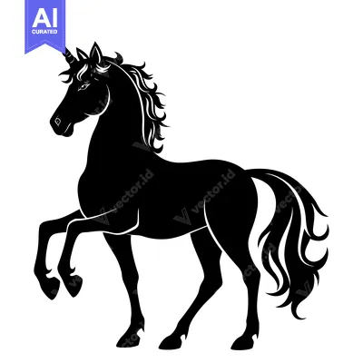 Aset premium populer: A Black and White Silhouette of a Unicorn with a Horn and Flowing Mane