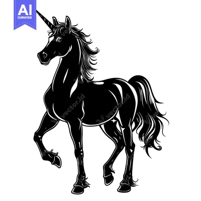 Aset desain premium: Black and White Silhouette of a Unicorn Standing